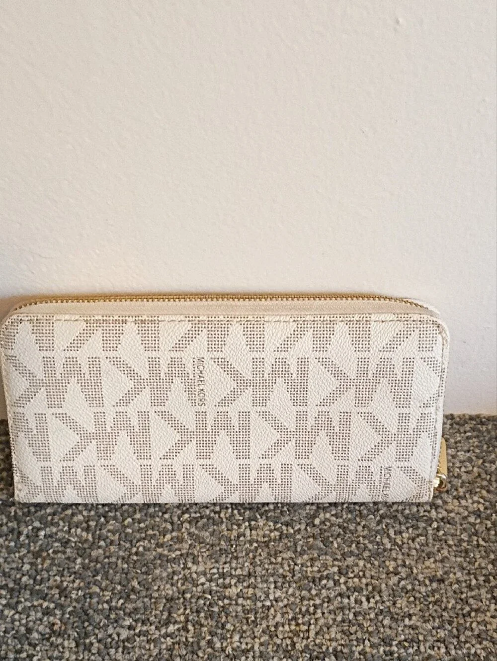 Michael Kors Cream and Tan Monogram Zip Wallet
